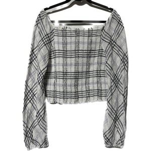 International Concepts Purple white checked smocked‎ shirt size L NWT